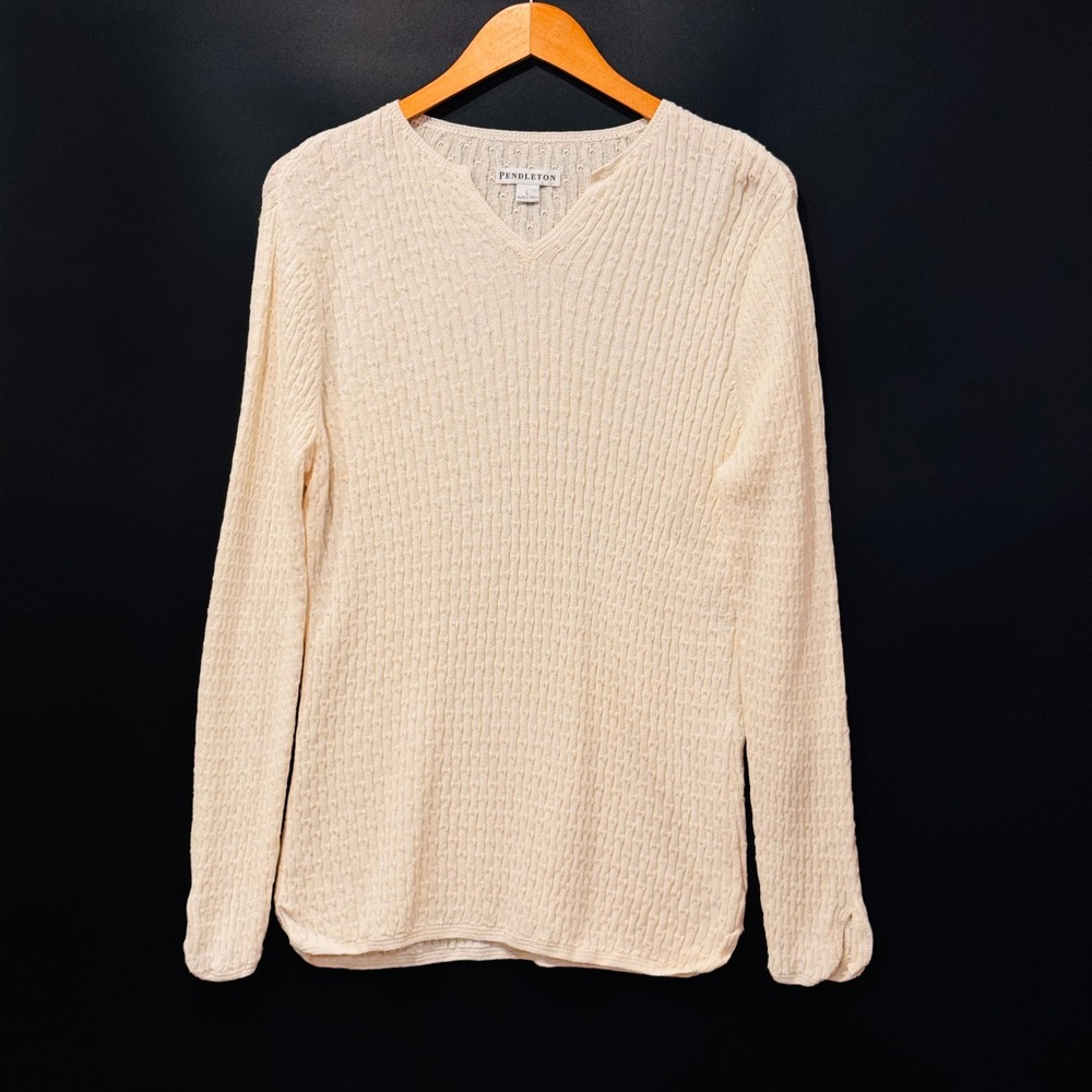 Pendleton Sweater Women L Cream Linen Cotton V-Neck Textured Knit Coastal Slit